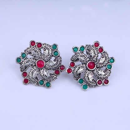 Multicolored Stone Studded German Silver Stud Earrings
