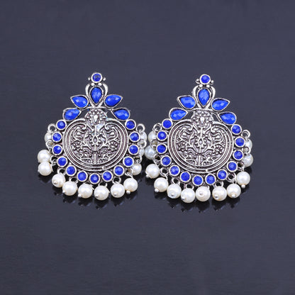 Blue Stone Studded German Silver Statement Earrings