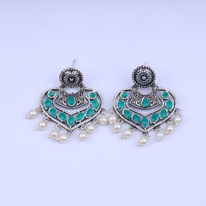 Green Stone Studded Heart Shaped Beautiful Earrings With Hanging Pearls