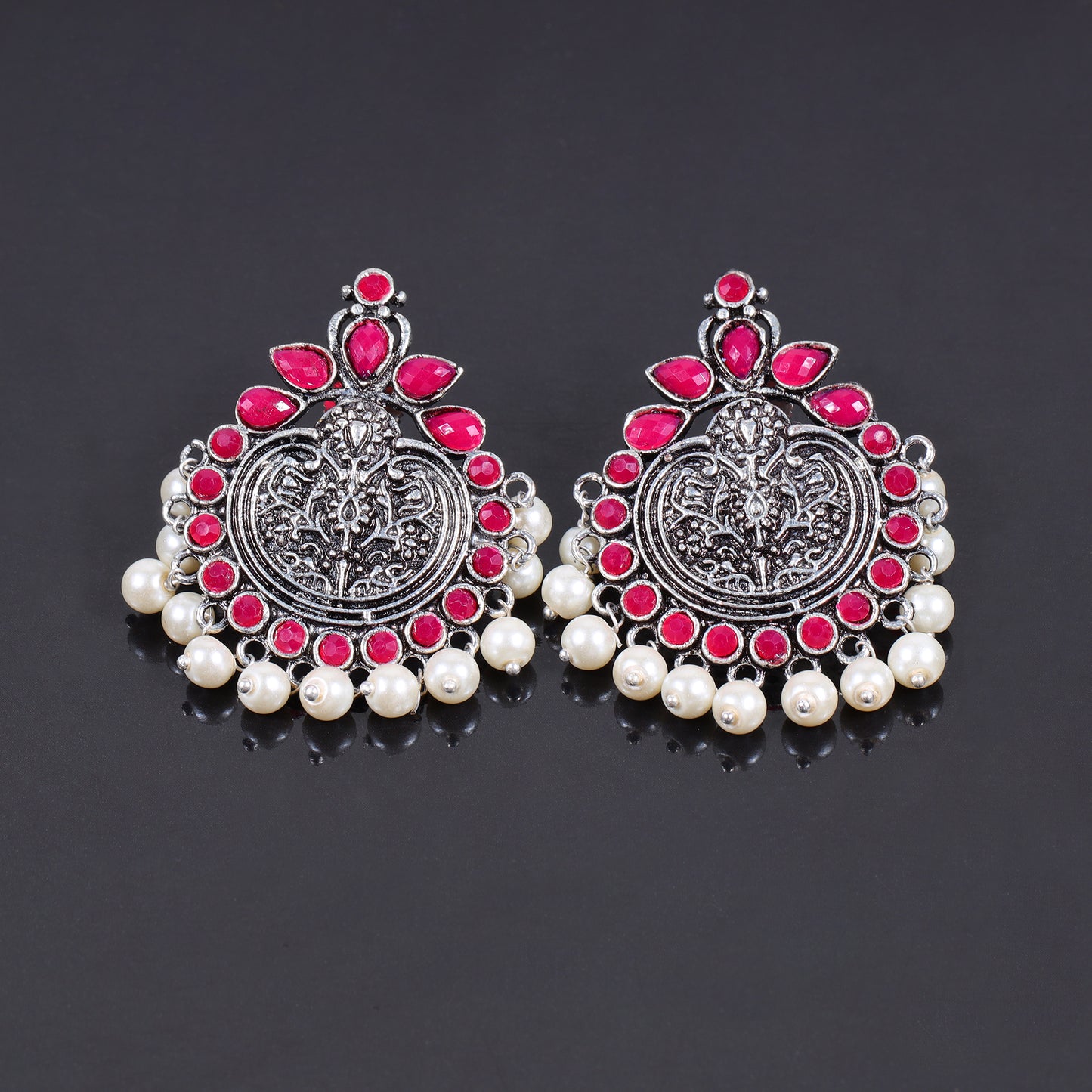 Red Stone Studded German Silver Statement Earrings