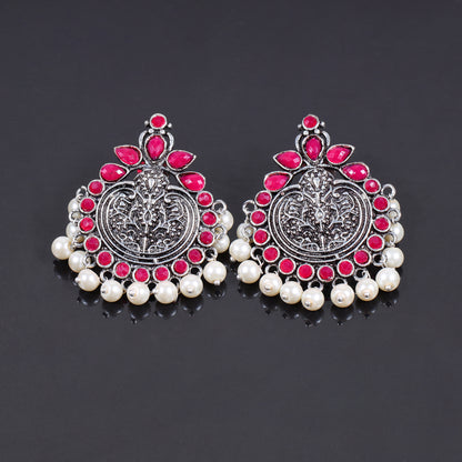 Red Stone Studded German Silver Statement Earrings