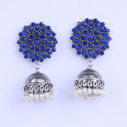 Blue Stone Studded German Silver Statement Earrings With Brass Jhumki