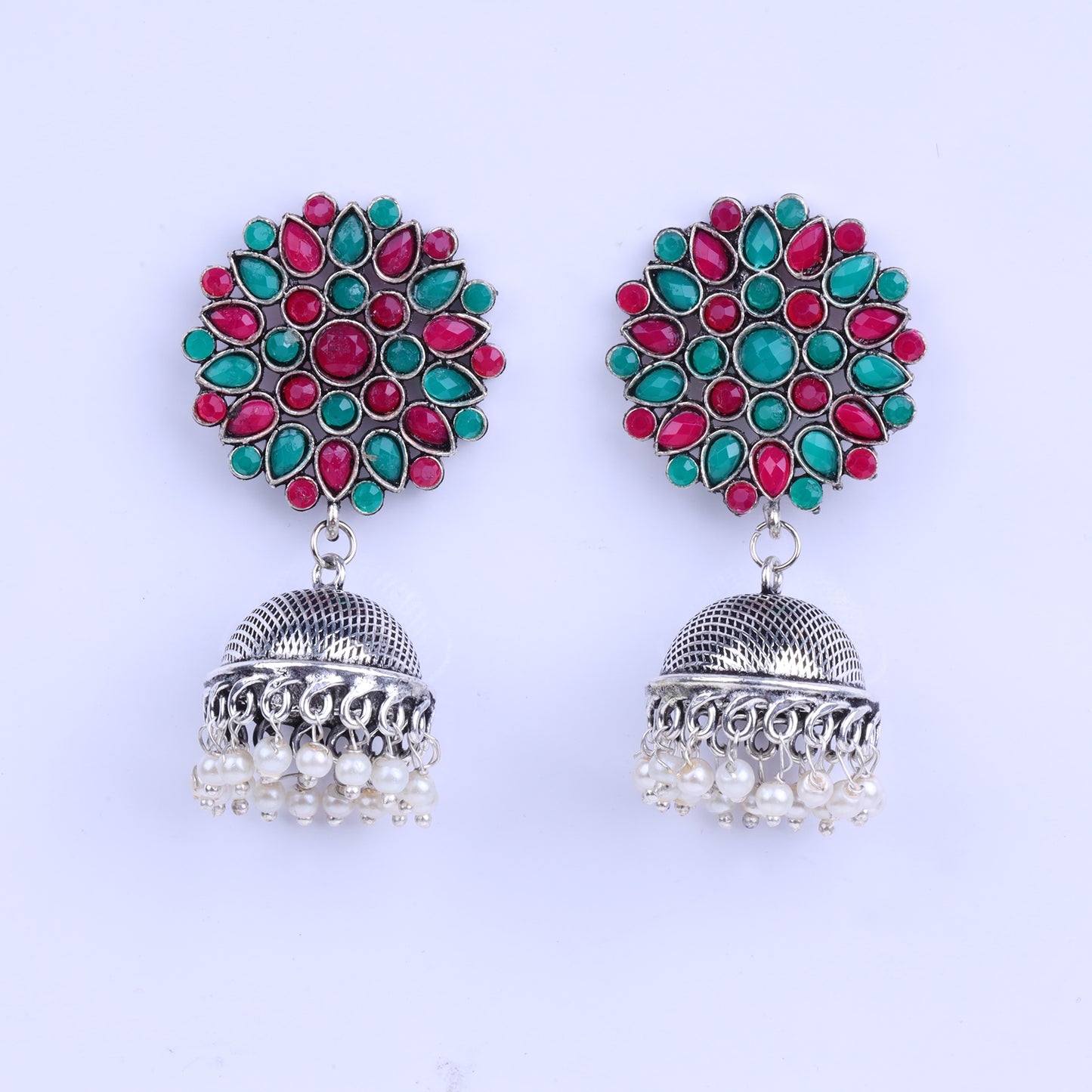 Multicolored Stone Studded German Silver Statement Earrings With Brass Jhumki