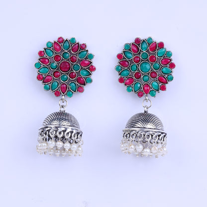 Multicolored Stone Studded German Silver Statement Earrings With Brass Jhumki