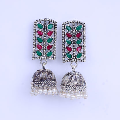 Multicolored Stone Studded German Silver Statement Earrings With Brass Jhumki