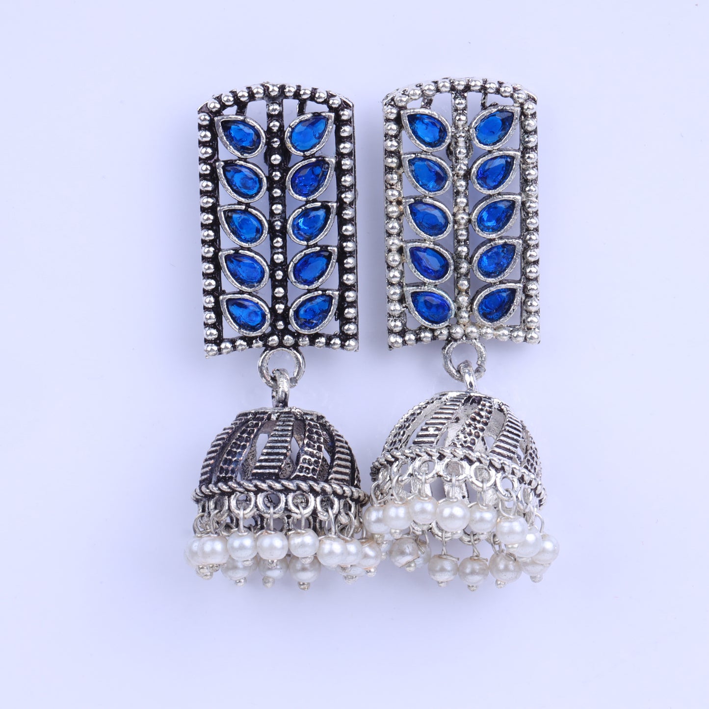 Blue Stone Studded German Silver Statement Earrings With Brass Jhumki