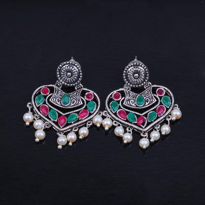 Multicolored Stone Studded Heart Shaped Beautiful Earrings With Hanging Pearls