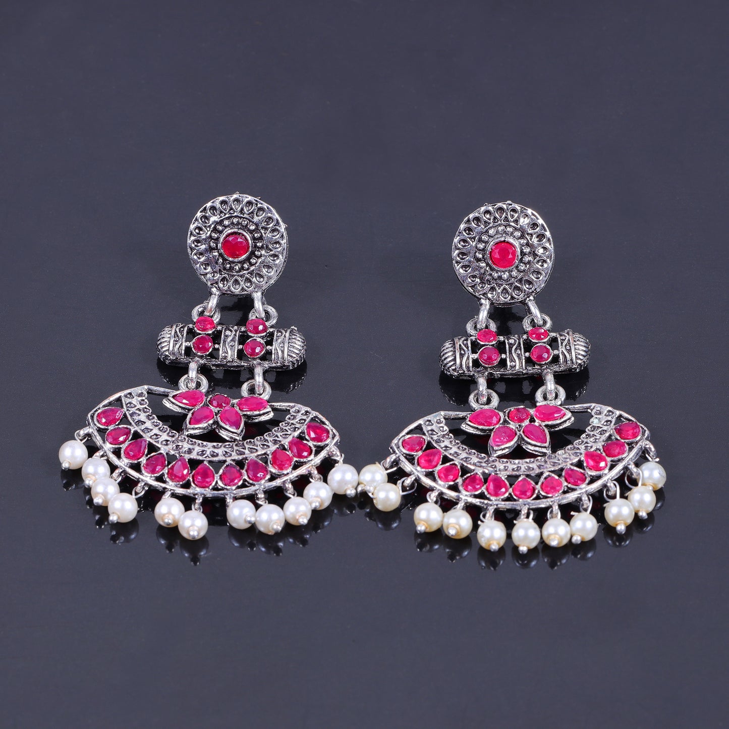 Red Stone Studded Rajwada Statement Earrings