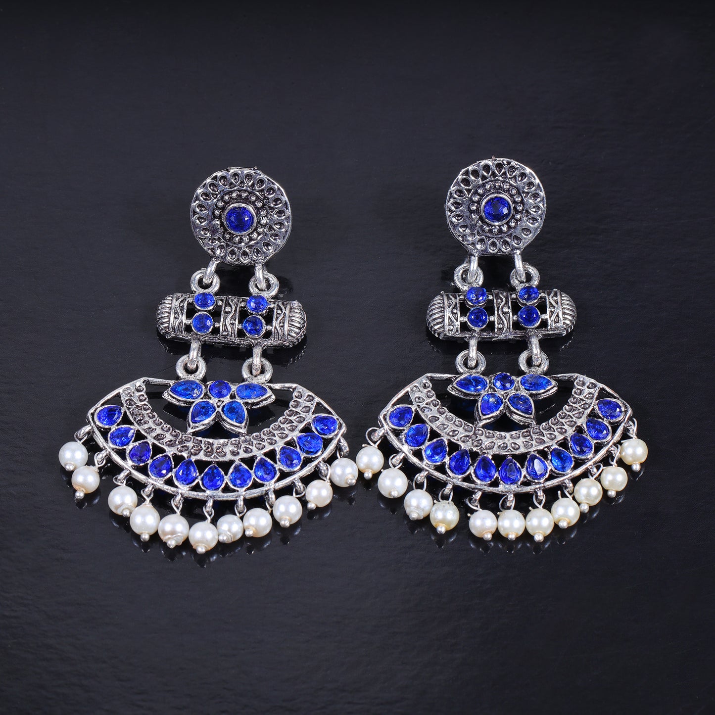 Blue Stone Studded Rajwada Statement Earrings