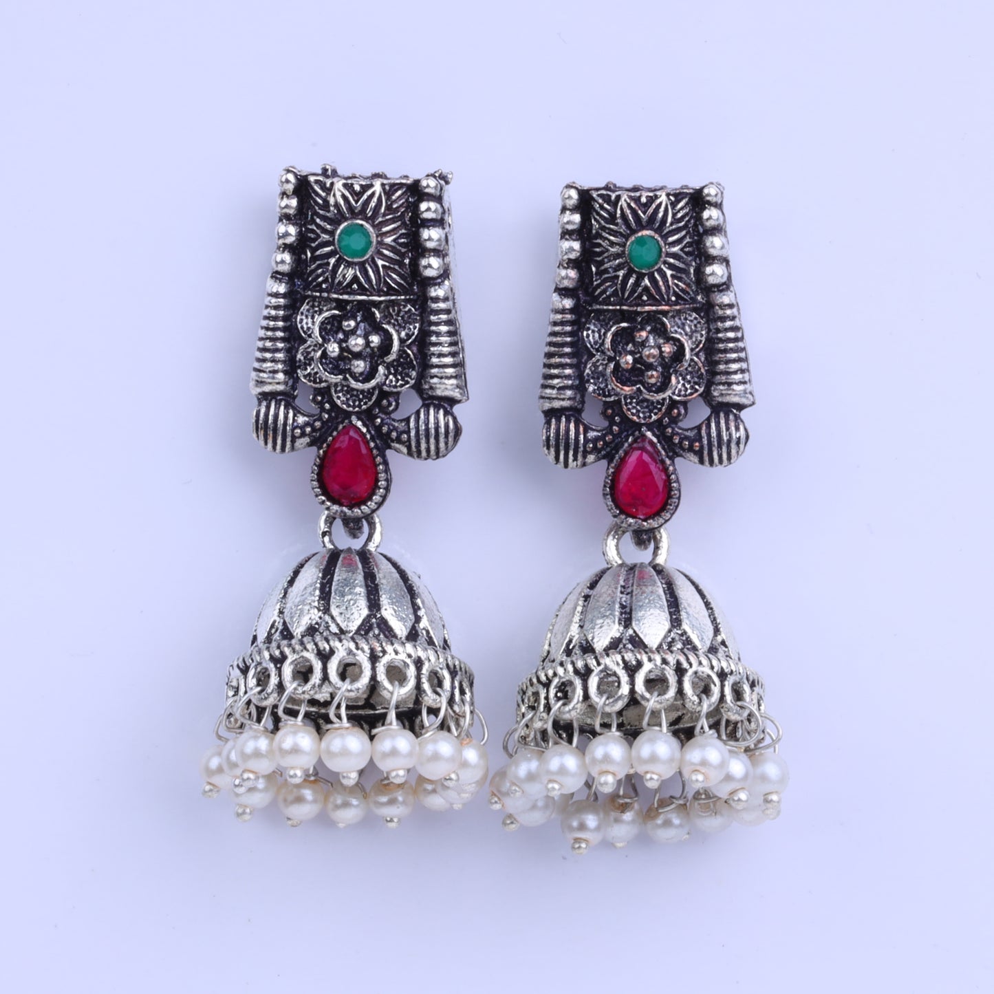 Multicolored Stone Studded German Silver Earrings With Brass Jhumki