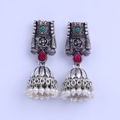 Multicolored Stone Studded German Silver Earrings With Brass Jhumki