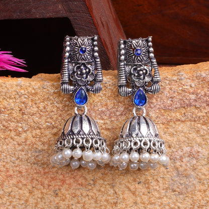 Blue Stone Studded German Silver Earrings With Brass Jhumki