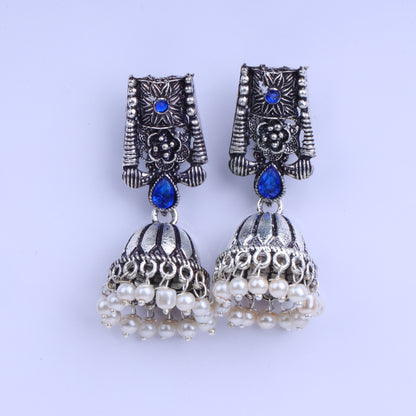 Blue Stone Studded German Silver Earrings With Brass Jhumki