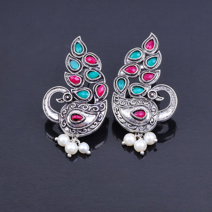 Multicolored Stone Studded Peacock German Silver Earrings With Hanging Pearls