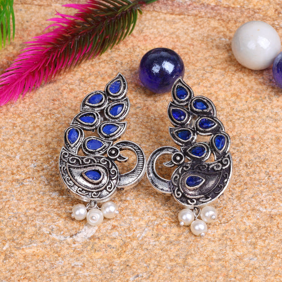 Blue Stone Studded Peacock German Silver Earrings With Hanging Pearls