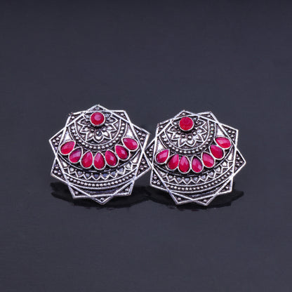 Red Stone Studded Geometrical German Silver Stud Earrings