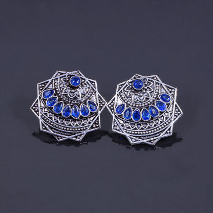 Blue Stone Studded Geometrical German Silver Stud Earrings