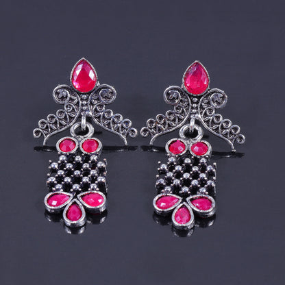 Red Stone Studded Lightweight German Silver Stud Earrings