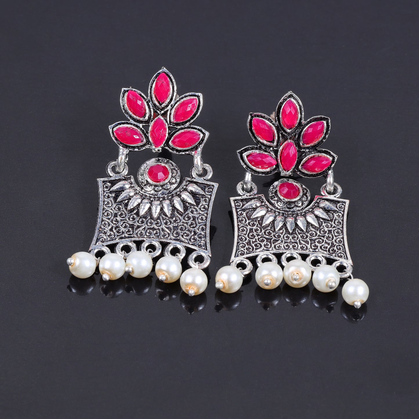 Red Stone Studded Rectangular Earrings