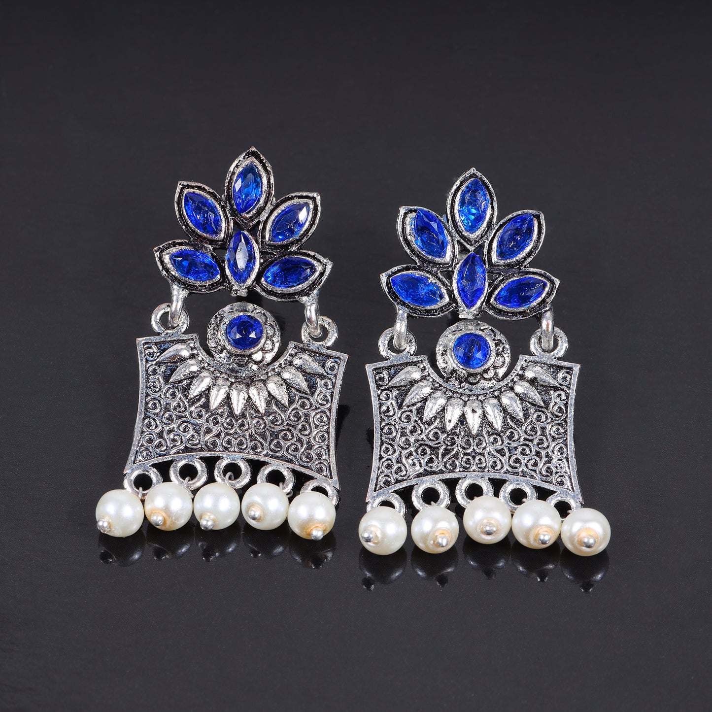 Blue Stone Studded Rectangular Earrings
