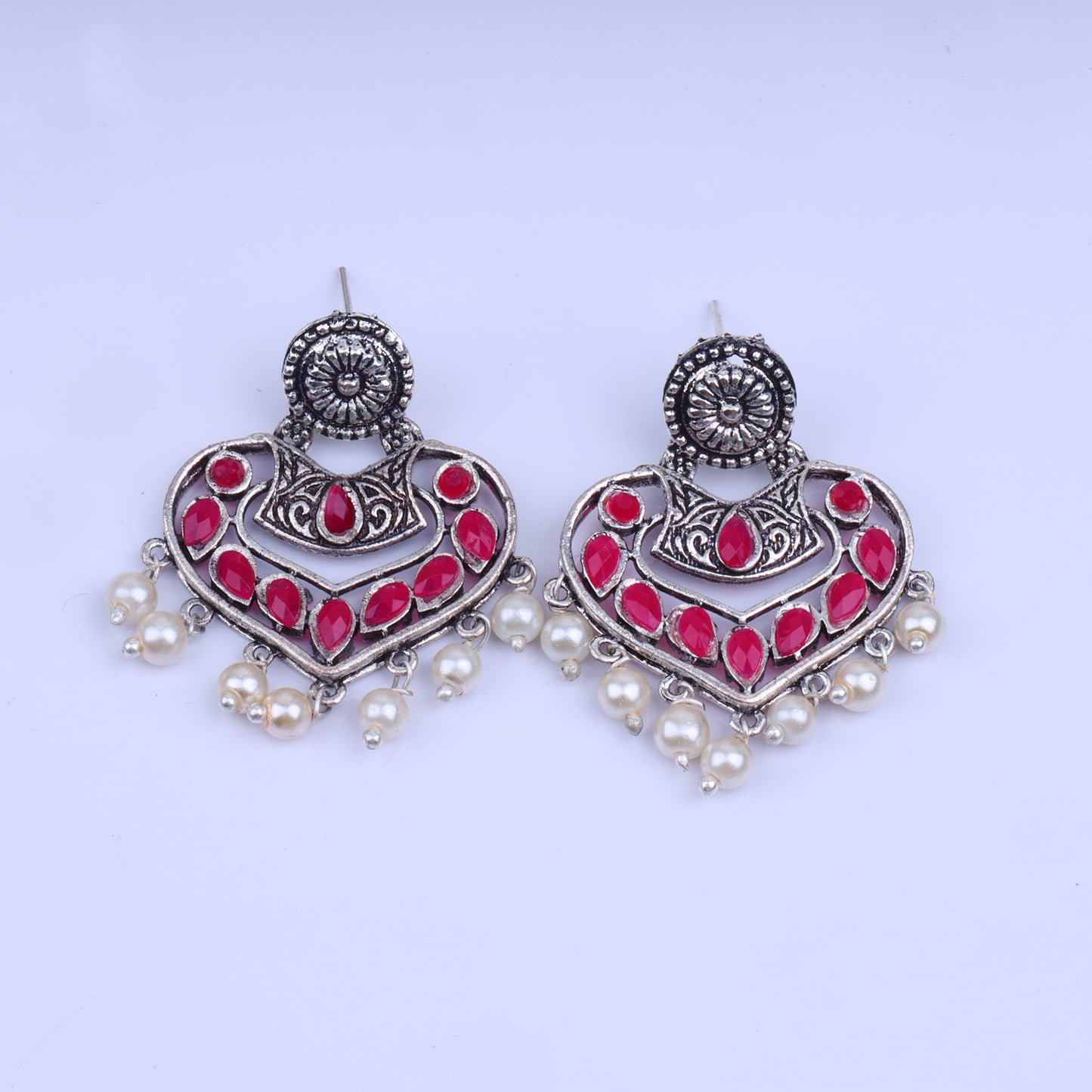 Red Stone Studded Heart Shaped Beautiful Earrings With Hanging Pearls