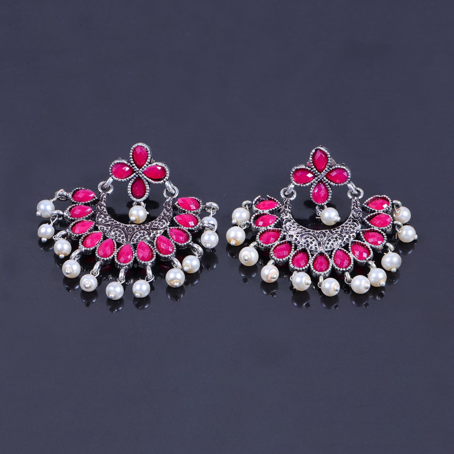Red Stone Studded Statement German Silver Dangler Earrings