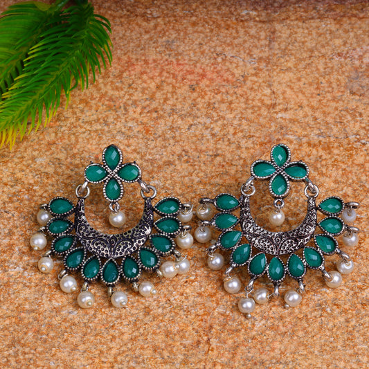 Green Stone Studded Statement German Silver Dangler Earrings