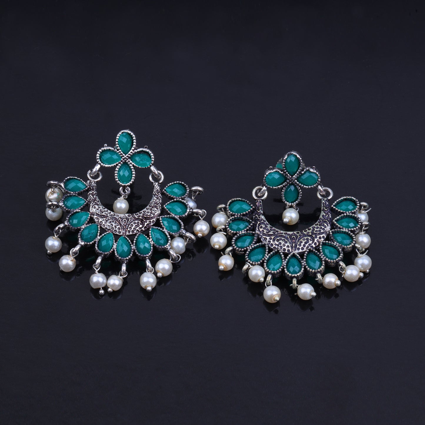 Green Stone Studded Statement German Silver Dangler Earrings