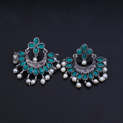 Green Stone Studded Statement German Silver Dangler Earrings