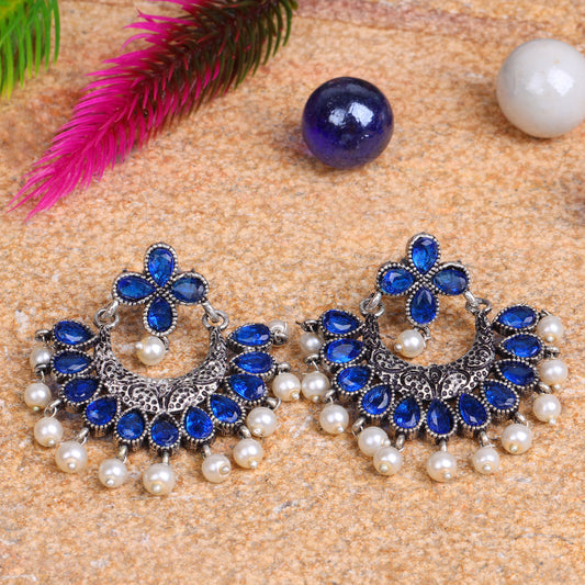 Blue Stone Studded Statement German Silver Dangler Earrings