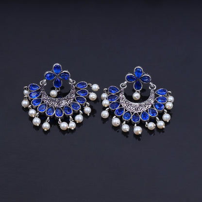 Blue Stone Studded Statement German Silver Dangler Earrings