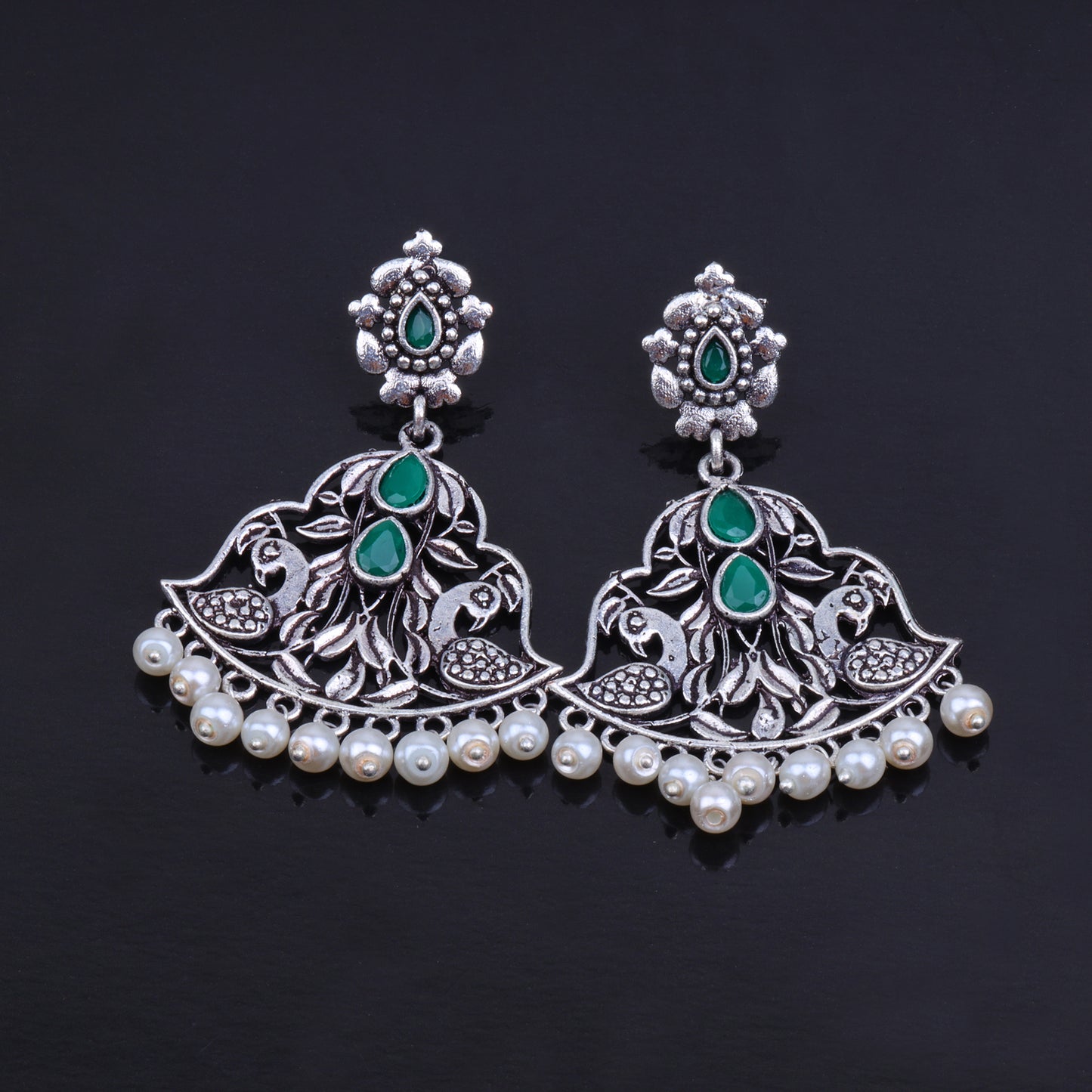 Green Stone Studded Oxidised Danglers