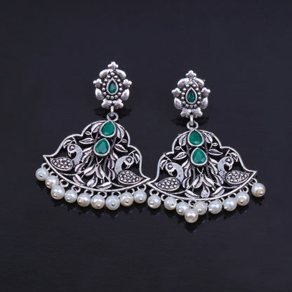 Green Stone Studded Oxidised Danglers
