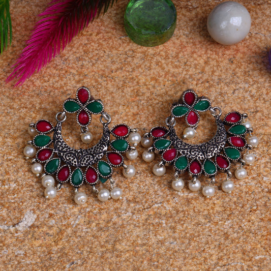 Multicolored Stone Studded Statement German Silver Dangler Earrings