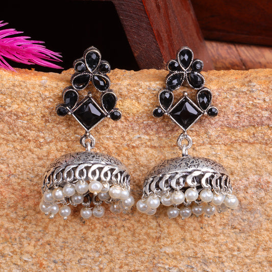 Black Stone Studded German Silver Dangler Earrings With Brass Jhumki