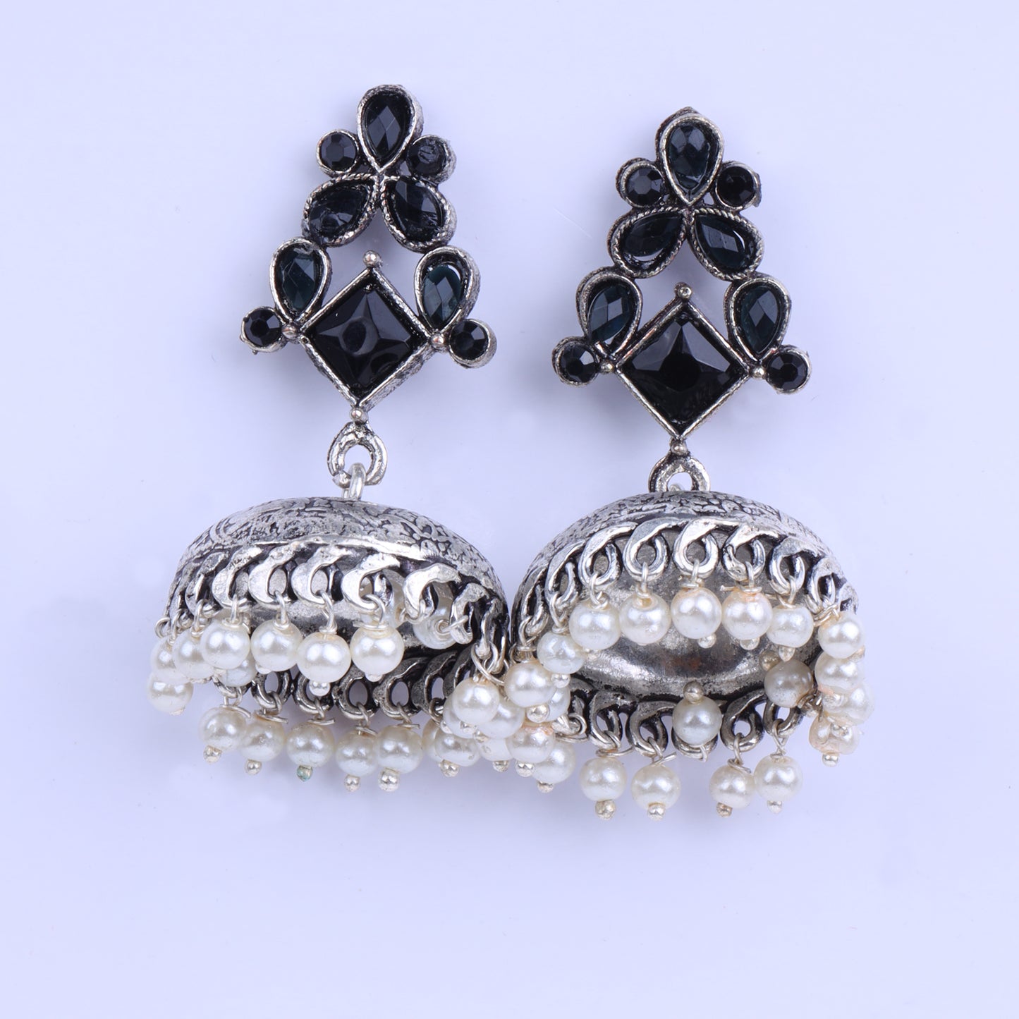 Black Stone Studded German Silver Dangler Earrings With Brass Jhumki