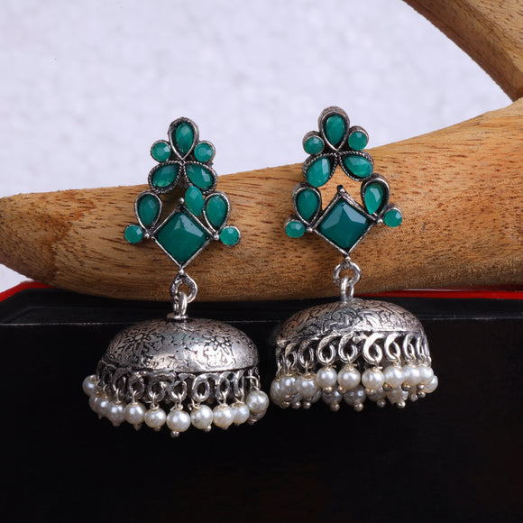 Green Stone Studded German Silver Dangler Earrings With Brass Jhumki