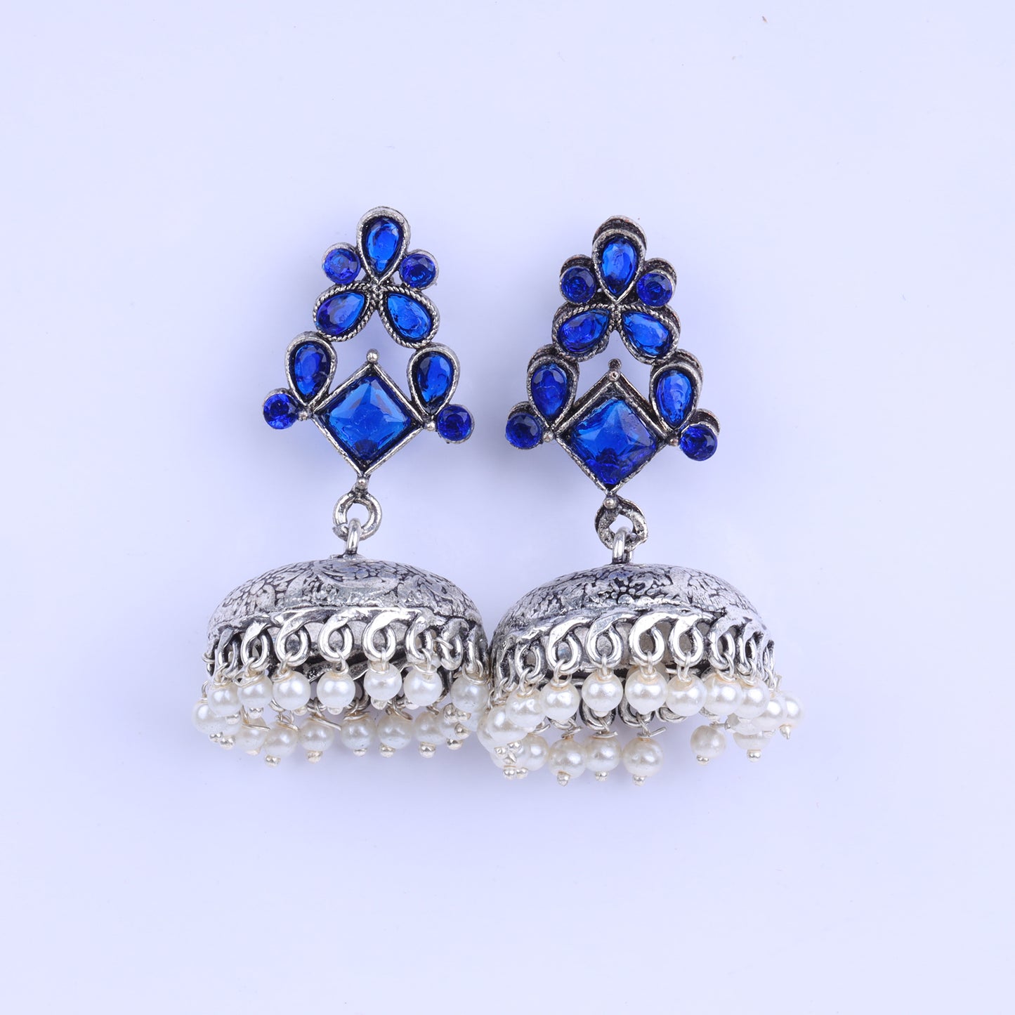 Blue Stone Studded German Silver Dangler Earrings With Brass Jhumki