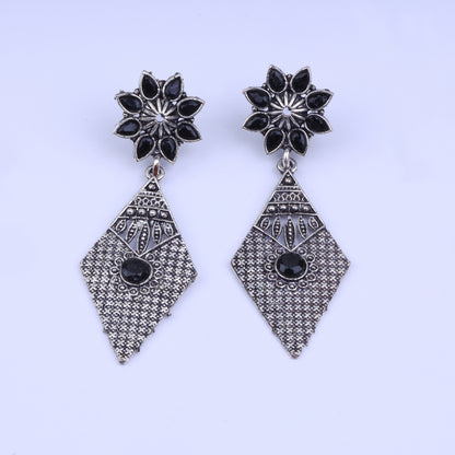 Black Stone Studded Statement German Silver Dangler Earrings
