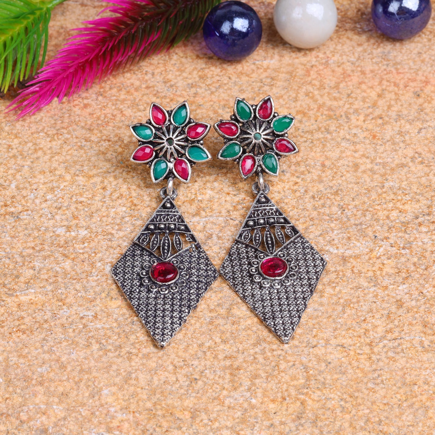 Multicolored Stone Studded Statement German Silver Dangler Earrings