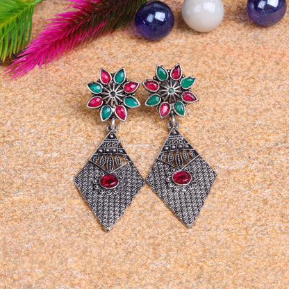 Multicolored Stone Studded Statement German Silver Dangler Earrings