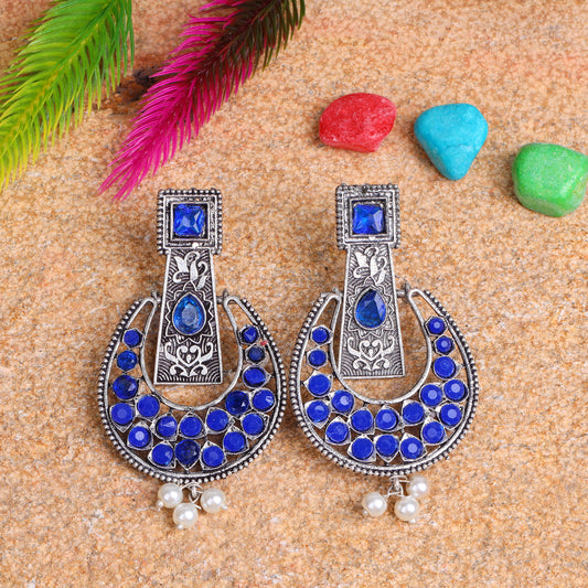 Blue Stone Studded Statement German Silver Dangler Earrings