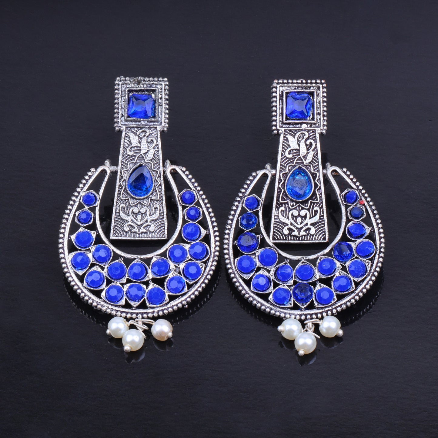 Blue Stone Studded Statement German Silver Dangler Earrings
