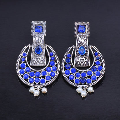 Blue Stone Studded Statement German Silver Dangler Earrings
