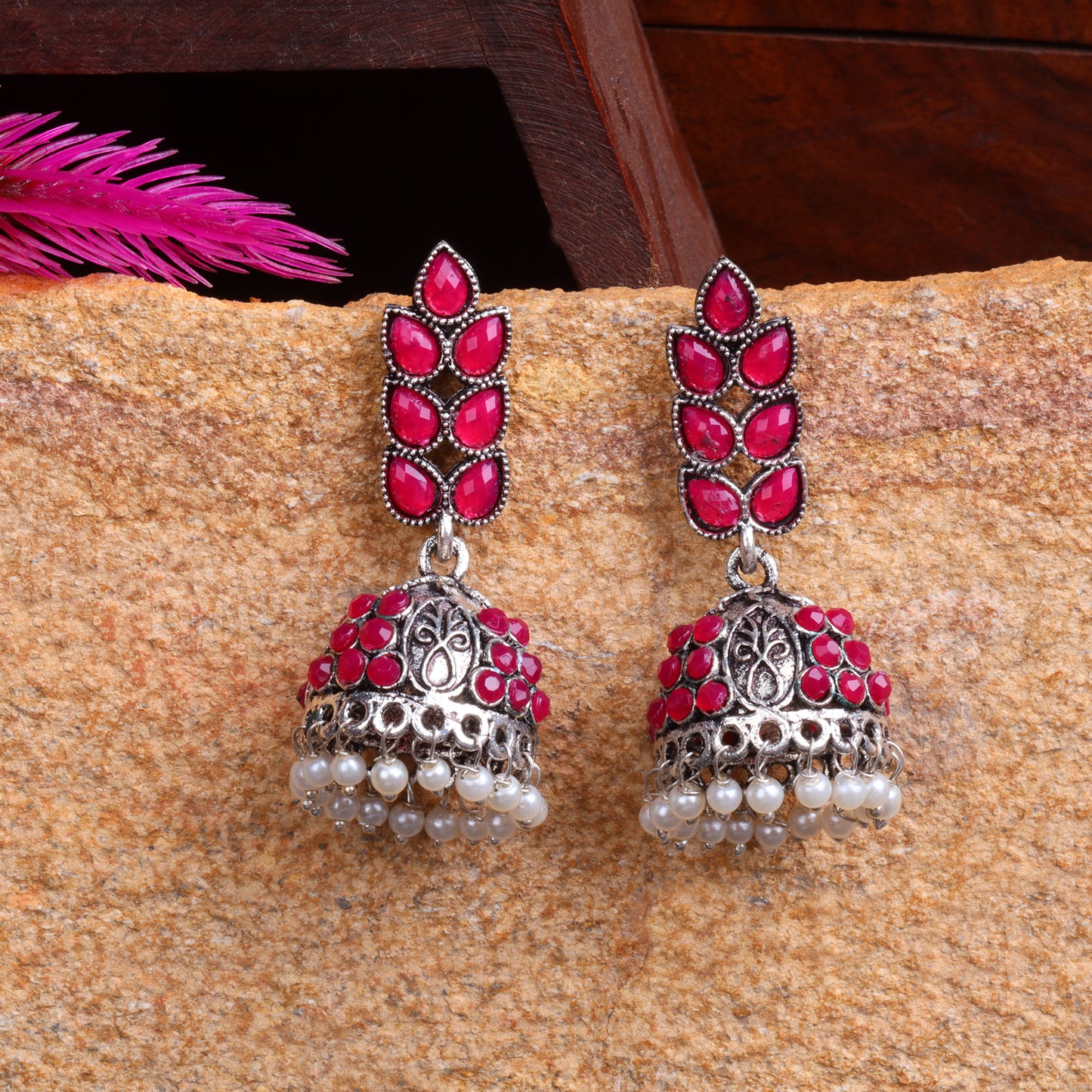 Red Stone Studded German Silver Danglers With Stone Embedded Brass Jhumki