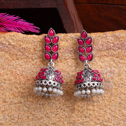 Red Stone Studded German Silver Danglers With Stone Embedded Brass Jhumki