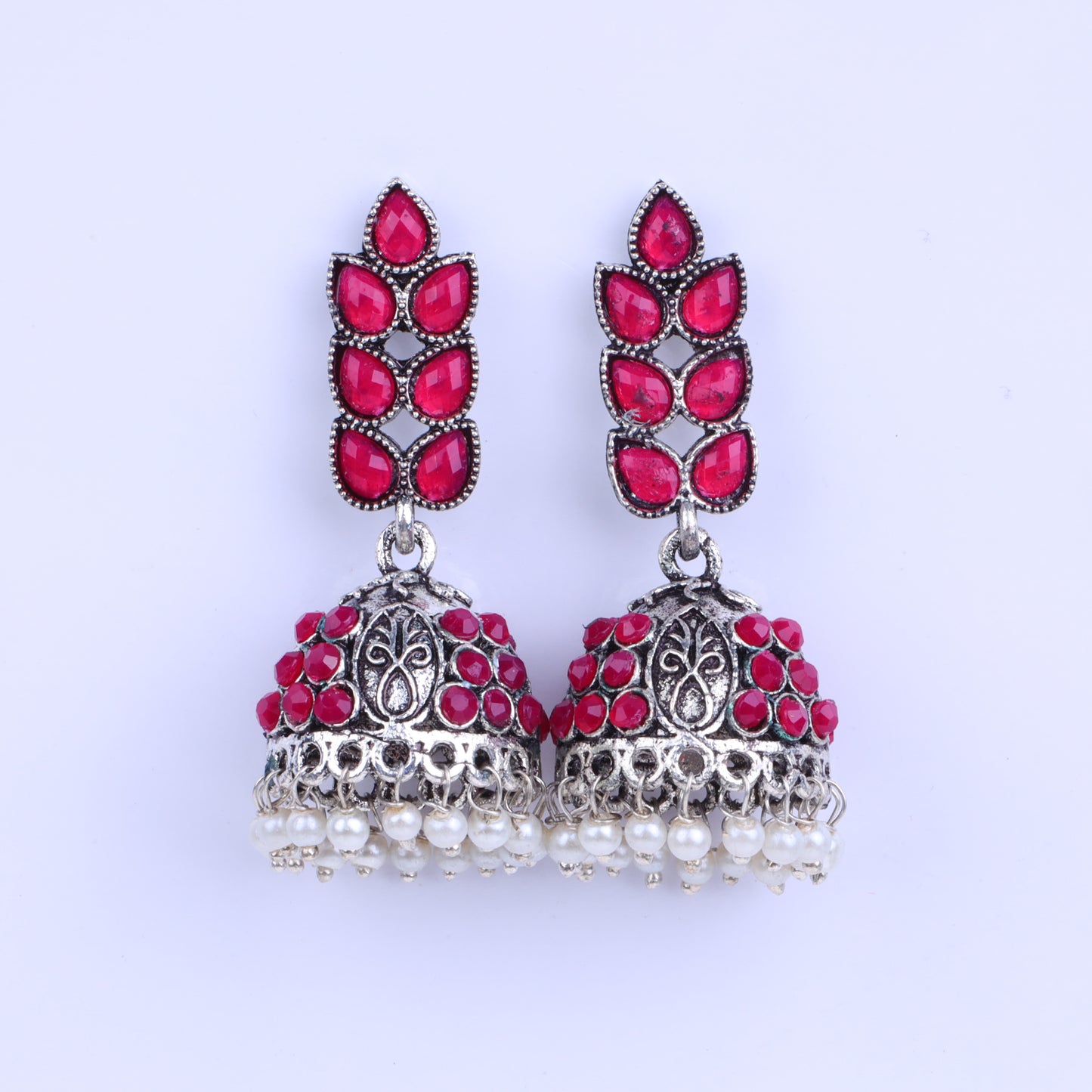 Red Stone Studded German Silver Danglers With Stone Embedded Brass Jhumki