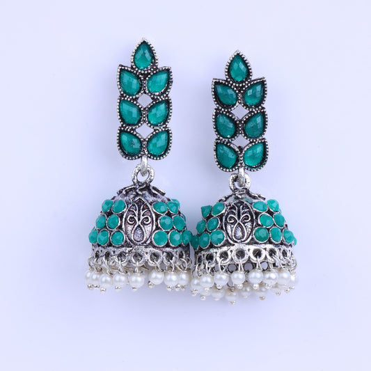 Green Stone Studded German Silver Danglers With Stone Embedded Brass Jhumki