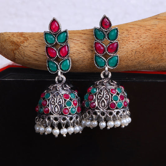 Multicolored Stone Studded German Silver Danglers With Stone Embedded Brass Jhumki