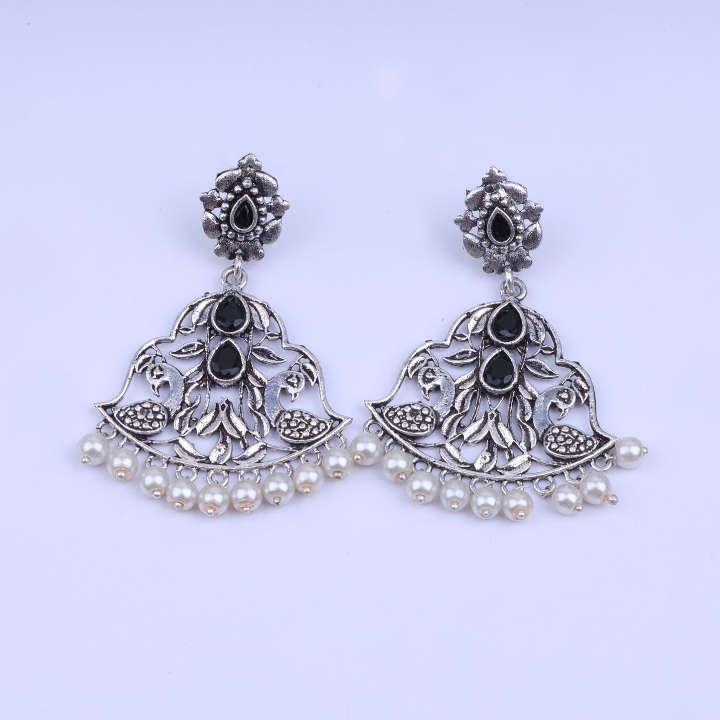 Black Stone Studded Oxidised Danglers